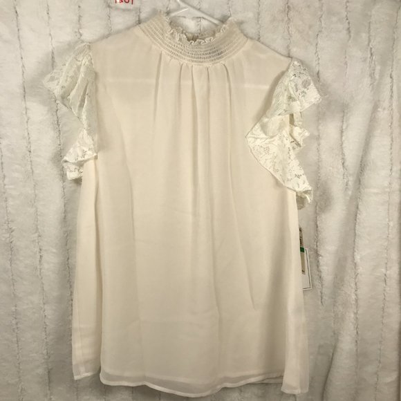 1.State L XL Women's Flutter lace sleeve smocked top - Picture 2 of 8